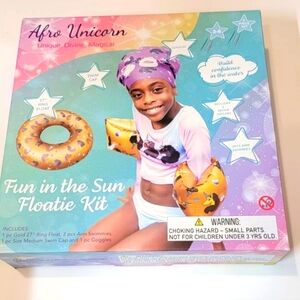 NEW Afro Unicorn Floatie 5 Pcs. Kit NIB. Ring,goggles,cap,patches,arm Floaties.